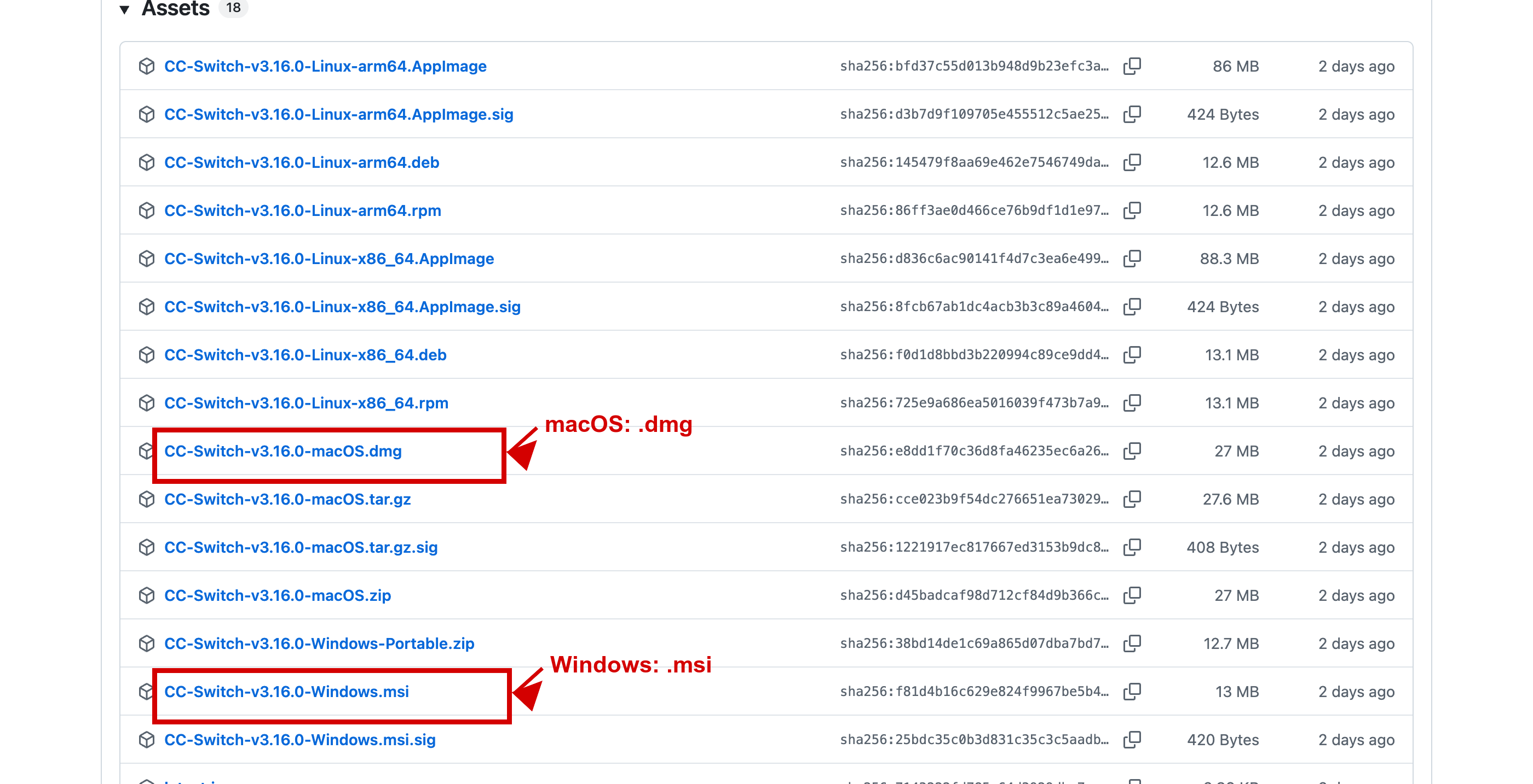 CC Switch GitHub Releases 页面，箭头指向最新版本